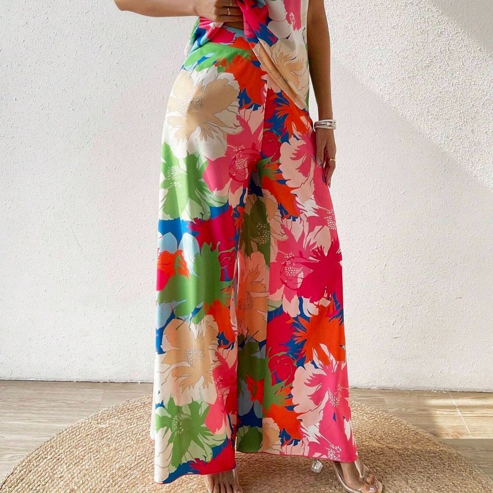 Pink Boho Womens Floral Print Halter Top & Wide Leg Pants - Picture 4 of 5